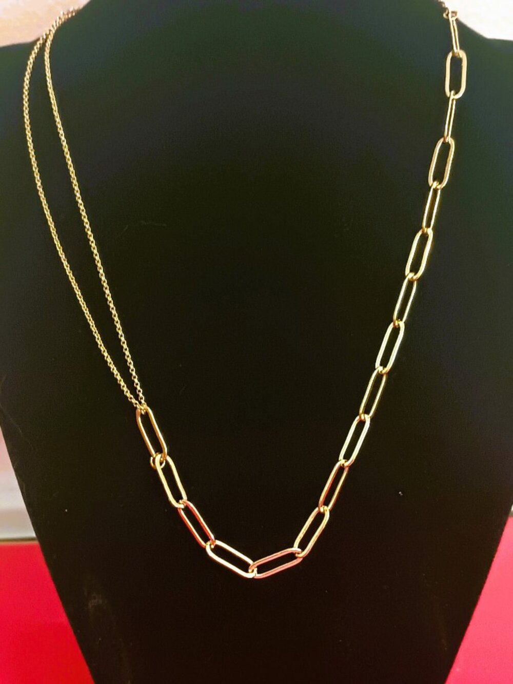 18K GP Paperclip Link Necklace 18" Asymmetrical Double Vine Chain Collar Choker